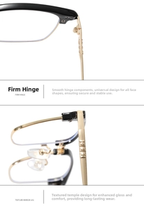 Macro detail of firm metal hinges and star pattern engraving on half-rim glasses