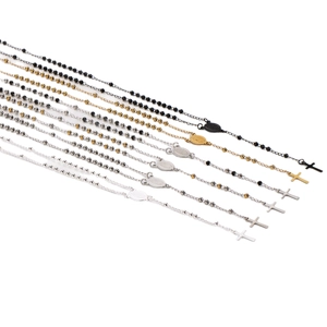 Set of 3mm stainless steel bead rosary necklaces with crucifix pendants in diverse colors