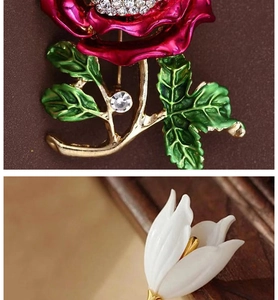 Detailed macro view of enamel rose brooch with crystals and white floral pin