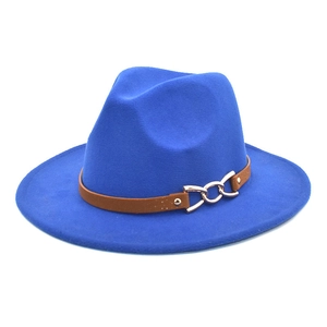 Classic royal blue wool felt fedora hat with brown leather band and gold chain accent