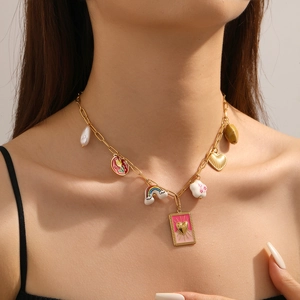 Fashion gold-plated chain necklace with colorful enamel charms and pearls for women
