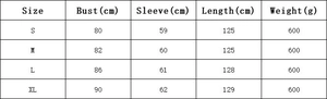 Size guide for women's high neck knit dress showing bust, sleeve, length, and weight data