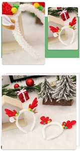 Close-up of red sequined reindeer headband with plush ears on a festive Christmas background