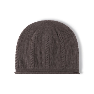 Deep brown cable knit wool beanie for women with stylish thick warmth and roll-up cuff