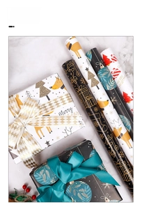 Detail view of festive Christmas wrapping paper rolls with reindeer and snowflake patterns