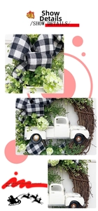 Detailed view of Christmas wreath with eucalyptus, white hydrangea, and buffalo plaid bow