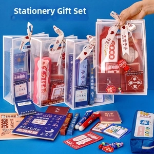 Blue stationery gift set with notebook and pens in transparent PVC tote bag