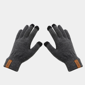 Deep grey knitted touchscreen gloves with vintage leather label and thermal fabric