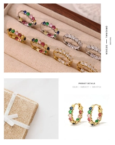 Macro detail of French gold earrings featuring multi-color pave-set zircon crystals