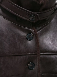 Close-up of deep brown faux leather texture with soft fur collar and round buttons