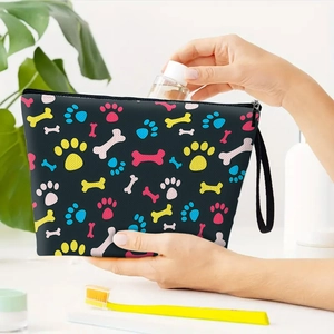 Cute Corgi Dog Paw Bone Print Linen Canvas Cosmetic Bag Portable Travel Toiletry Makeup Pouch Organizer Zipper Closure