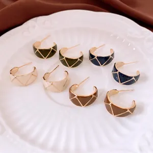 Vintage 18k gold plated enamel C-shaped earrings with geometric patterns in four colors