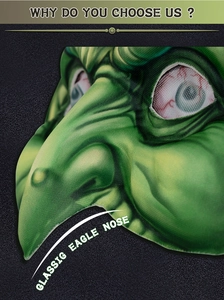 Detail of green witch mask with eagle nose texture for Halloween cosplay party