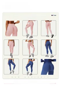 Detail view of high-waisted seamless yoga pants showing lifting effect and fit on models