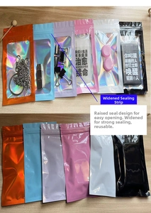 Detail of colorful laser ziplock bags with clear windows for small accessory storage