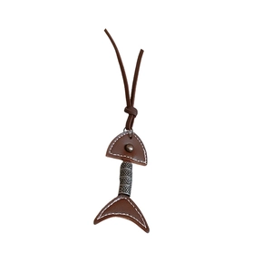Retro leather fishbone pendant necklace with brown leather and silver metal cylinder
