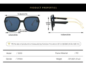 Size chart for oversized square sunglasses featuring frame dimensions and PC material specs