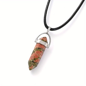 Pendentif hexagonal en unakite naturelle et collier avec cordon noir ajustable