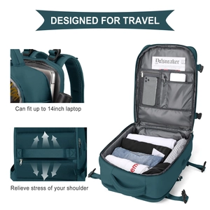 Detail of travel backpack showing 14 inch laptop compartment and spacious interior