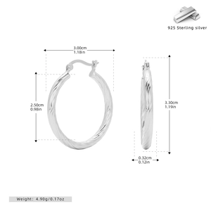 Macro detail of 925 sterling silver twisted hoop earrings with precise size measurements