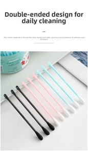 Dual-head cotton swabs with ear scoop tip in portable pink, blue, and black colors