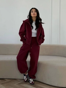 Ensemble Sweat à Capuche et Pantalon en Coton Décontracté pour Femmes Couleur Unie Fermeture Éclair Manches Longues Top And Bottom