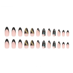 Almond-shaped press-on nails featuring black French tips and blue butterfly art