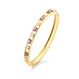Brazalete bañado en oro de 18K con piedras púrpuras ovales y flores de esmalte blanco