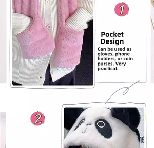 Detail showing plush panda hat with pink scarf featuring multi-functional hand pockets