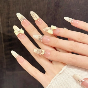 Pink gradient almond press-on nails with 3D bows, pearls and crystals for women