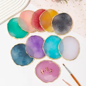 Agate resin nail art palette set with gold edges for mixing colors and display