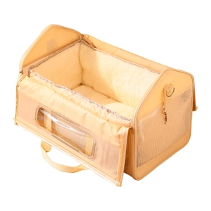 Winter warm portable pet carrier bag in yellow with plush lining and clear window