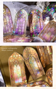 Detailed holographic PET stickers with gothic stained glass patterns for scrapbooking