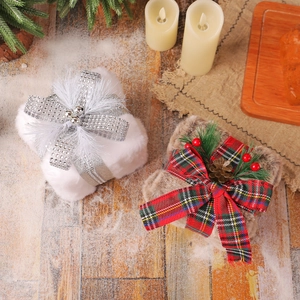 Plush Christmas gift box ornaments in white and brown with ribbons for tree decoration