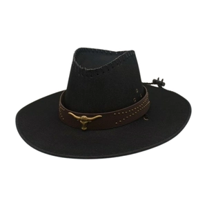 Western Cowboy Sonnenhut in Schwarz mit Stierkopf-Emblem und braunem Lederband mit Nieten
