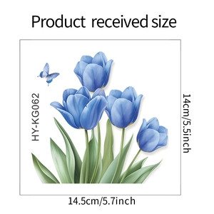 Detailed size chart for blue tulip wall sticker measuring 14.5cm by 14cm dimensions