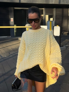 Women Cable Knit Sweater Round Neck Long Sleeve Oversized Cotton Polyester Blend Retro Casual Loose Fashion Pullover