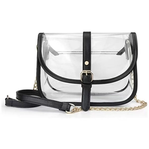 Clear Crossbody Bag Transparent PVC Waterproof Concert Stadium Approved Faux Leather Trim Detachable Gold Chain Strap Purse