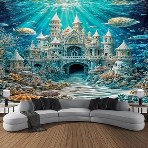 Detail of wall tapestry featuring underwater castle, colorful corals and tropical fish