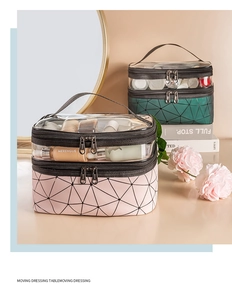 Close-up of double-layer PU and PVC makeup bag in pink and green with handle