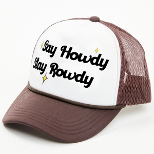 Brown and white trucker hat with Say Howdy Stay Rowdy text and western cowboy style