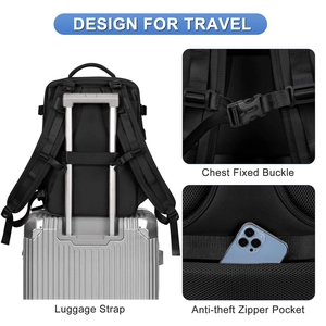 Travel backpack detail showing luggage strap, chest buckle and anti-theft pocket