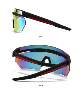 Detail view showing side and back angles of oversized retro shield sunglasses in black
