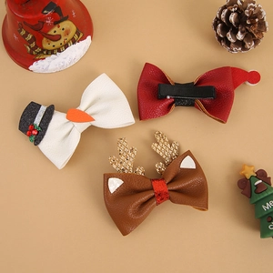 Christmas bow hair clips set featuring snowman, Santa hat, and reindeer antler designs