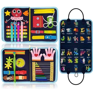 Detail view of Montessori busy board with letters, clock and fine motor skill features