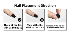 Guide for black glossy press-on nails showing correct wear direction by thickness and numbers