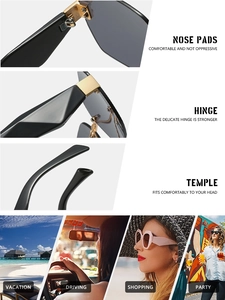 Detail of square rimless sunglasses with durable metal hinges and comfortable nose pads