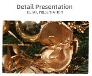 Close-up of golden artificial flowers and ornaments with green pine needles on Christmas wreath