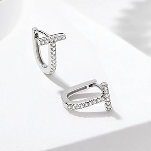 Elegant S925 silver T-shaped hoop earrings with shimmering pave-set cubic zirconia stones