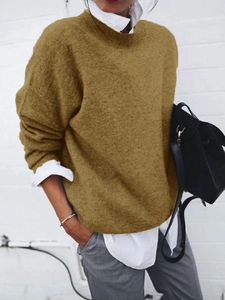 Women's layered long sleeve knit sweater with white shirt collar in ginger yellow